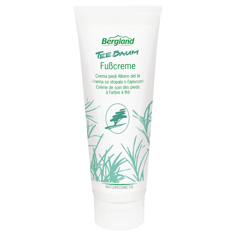 Tube de crème Bergland Teebaum Fußcreme. Emballage blanc et vert avec motif végétal et logo Naturkosmetik.