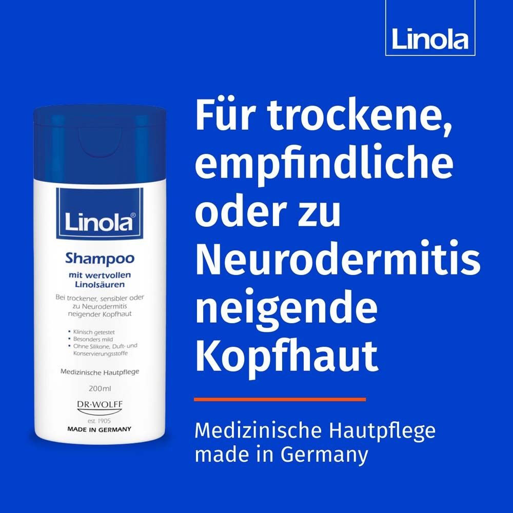 Fond bleu avec texte : Pour cuir chevelu sec, sensible ou sujet à la dermatite atopique. Shampooing Linola. Fabriqué en Allemagne.