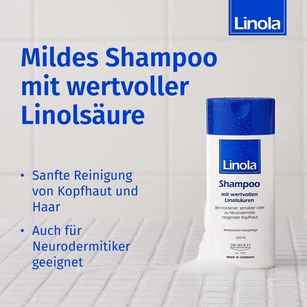 Flacon de shampooing Linola. Texte : Shampooing doux à l'acide linoléique précieux. Nettoyage doux. Convient aux personnes atteintes d'eczéma.