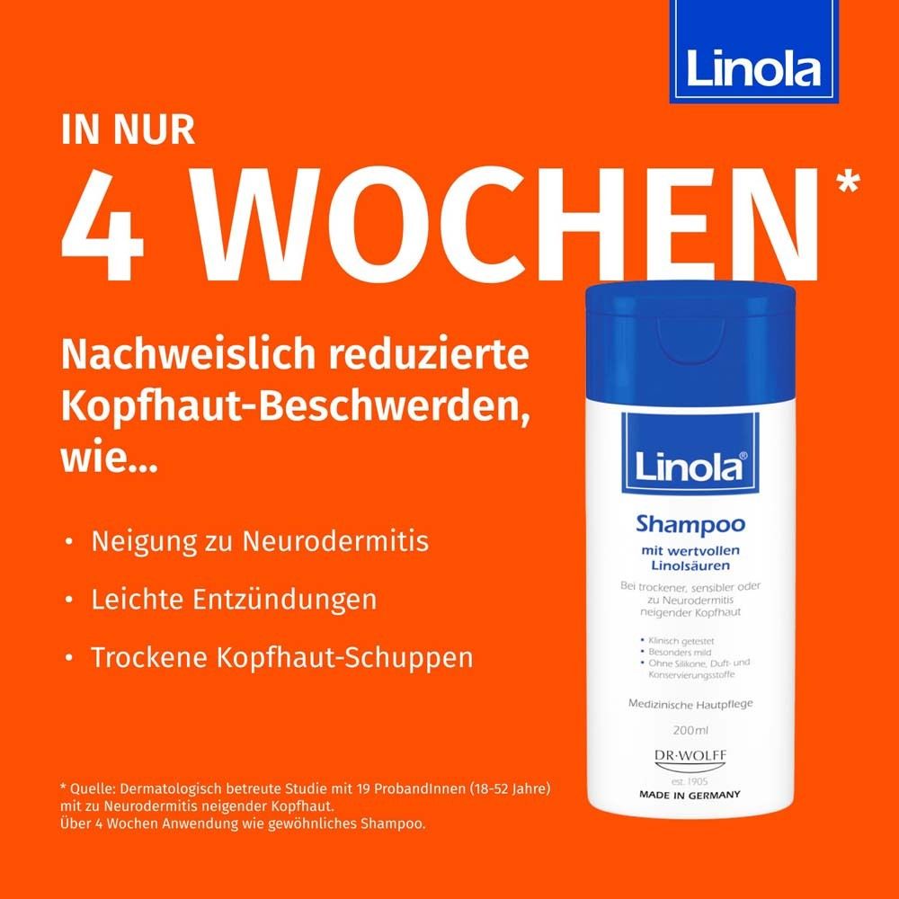 Fond orange. Texte : En seulement 4 semaines, réduction des problèmes de cuir chevelu. Shampooing Linola. Tendance à l'eczéma.