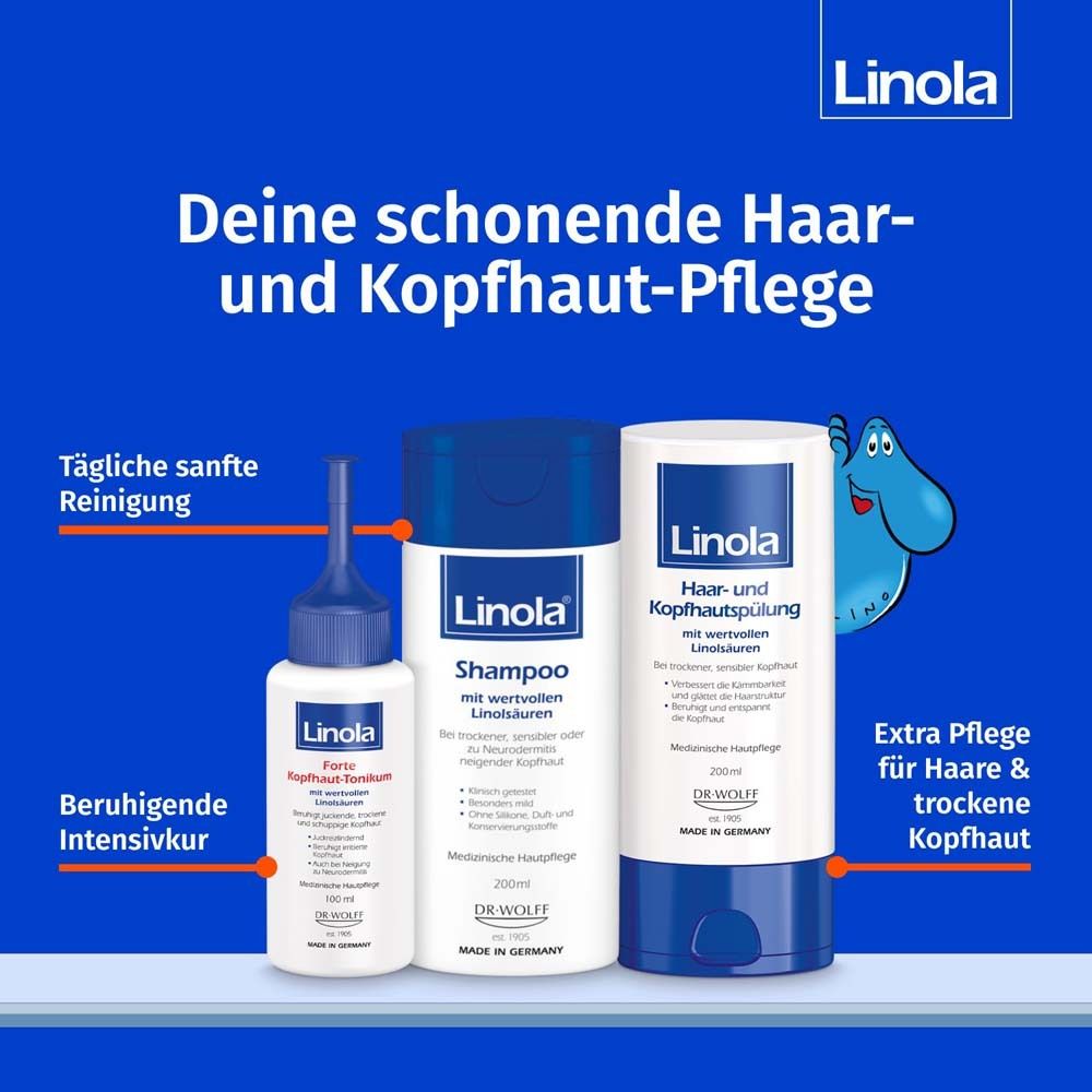 Trois produits Linola : shampooing, après-shampooing, cure intensive. Texte : Vos soins pour de beaux cheveux et un cuir chevelu sain.
