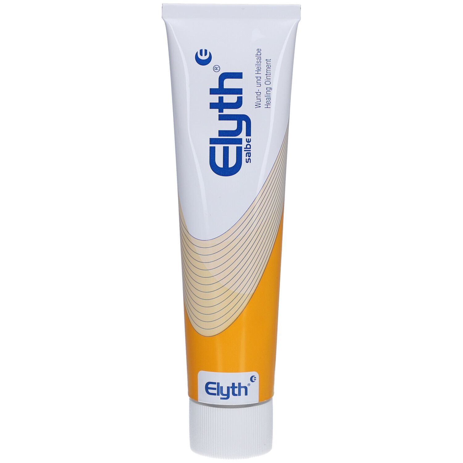Tube de crème avec bouchon blanc. Inscription : Elyth Salbe, pommade cicatrisante. Fond jaune et blanc.