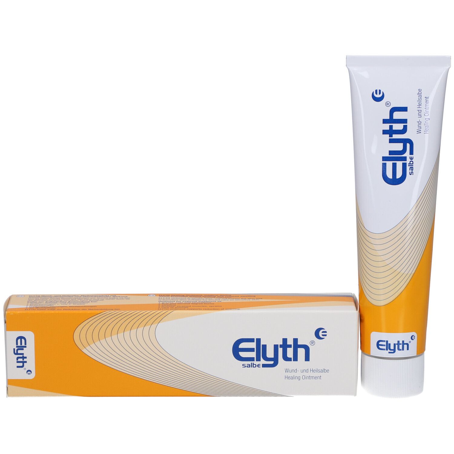 Tube de crème et boîte. Inscription : Elyth Salbe, pommade cicatrisante. Emballage jaune et blanc.