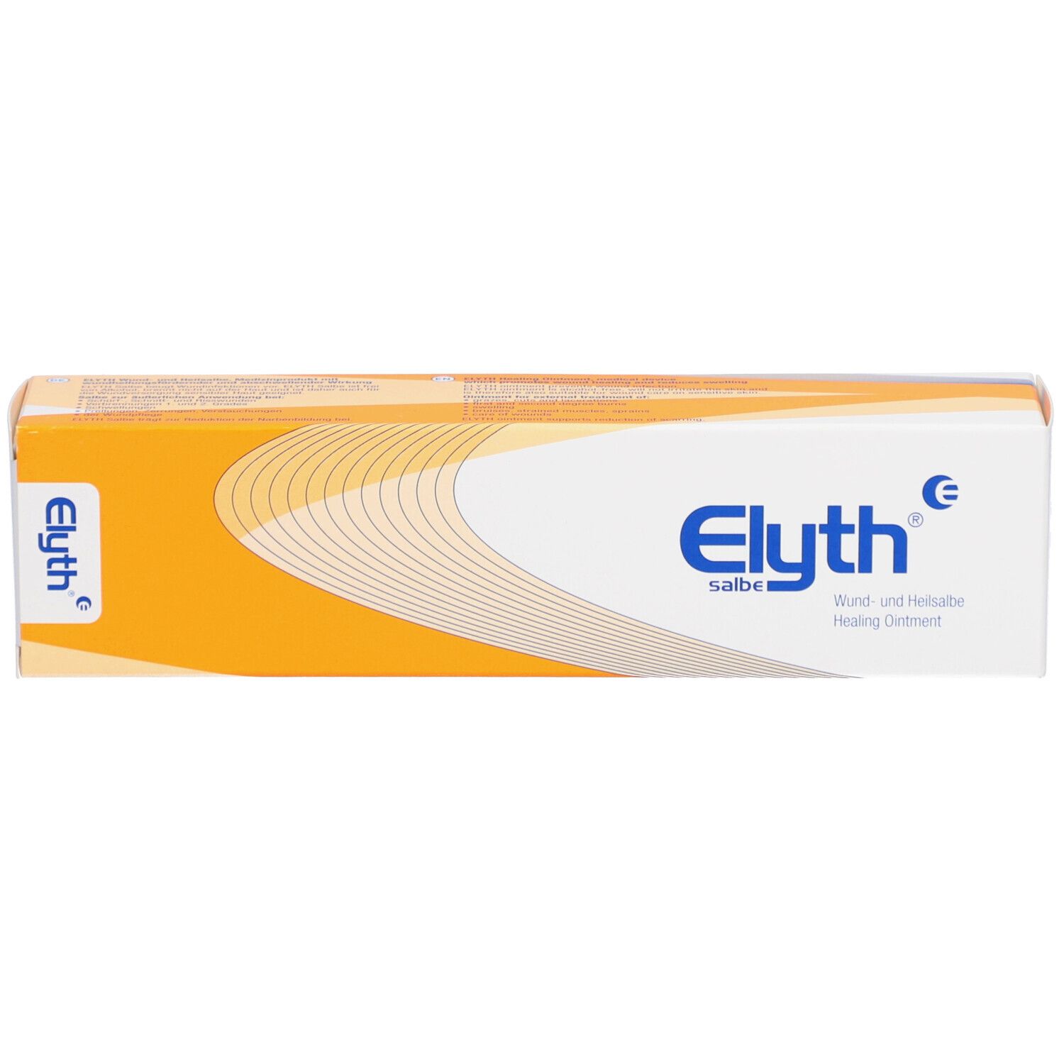 Boîte avec inscription : Elyth Salbe, pommade cicatrisante. Emballage jaune et blanc.