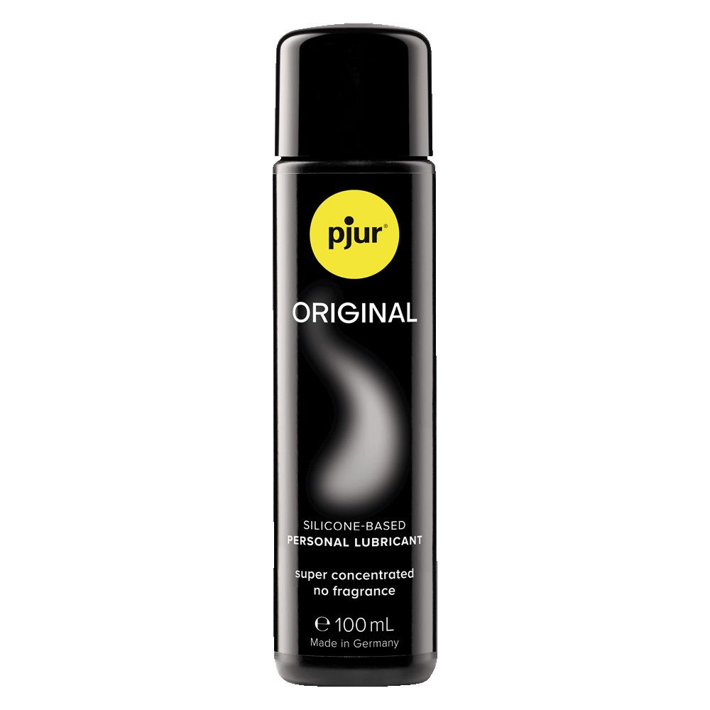 Flacon noir avec bouchon noir. Cercle jaune avec "pjur" et "ORIGINAL". Texte: SILICONE-BASED PERSONAL LUBRICANT.