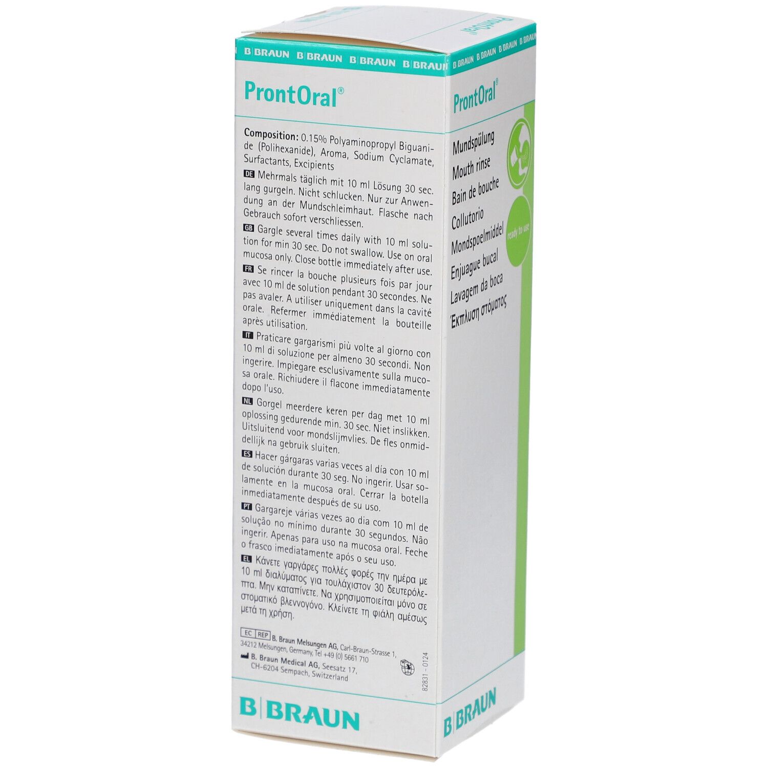 Emballage de bain de bouche ProntOral®. Texte sur les ingrédients et l'utilisation. Logo B. Braun.