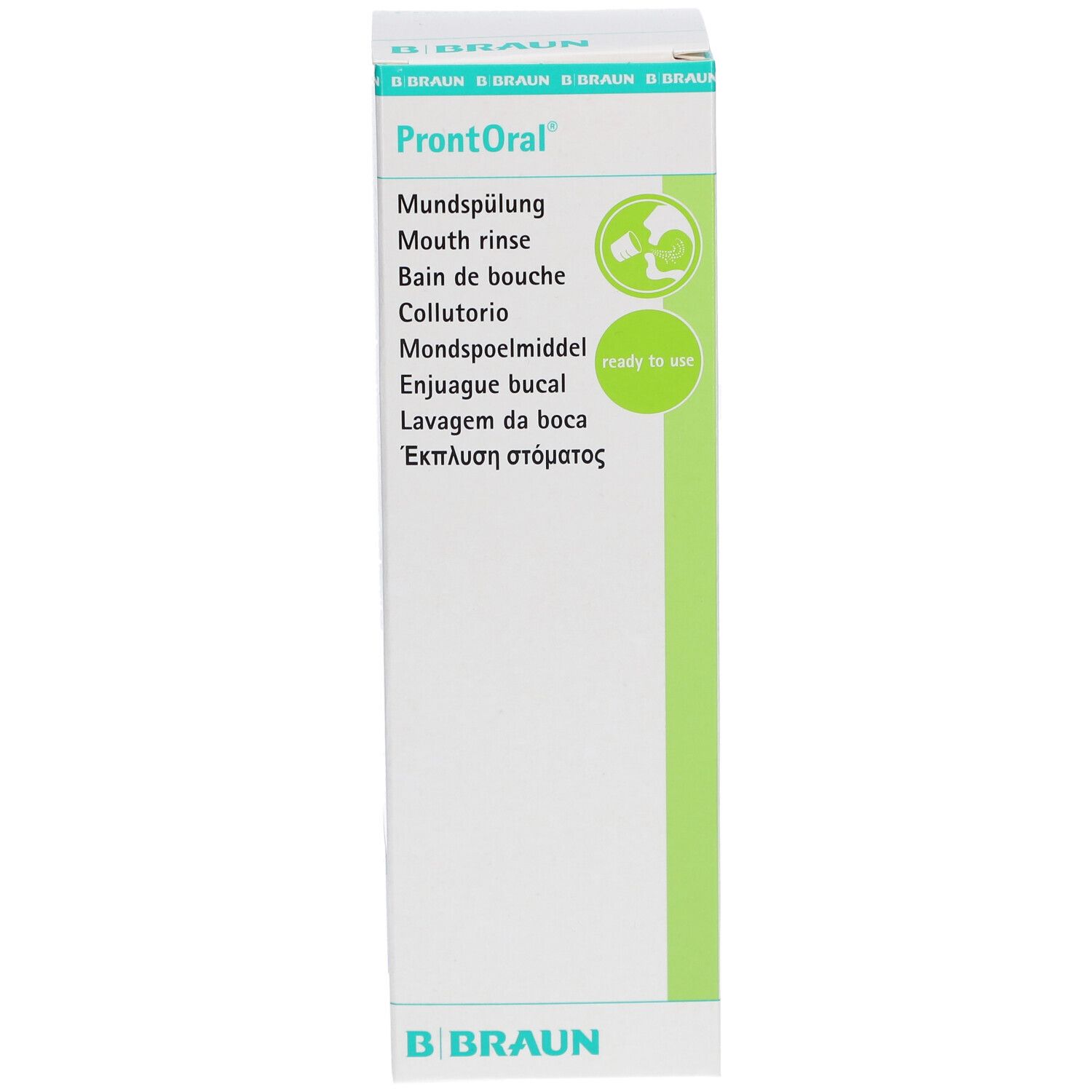 Emballage de bain de bouche ProntOral®. Blanc, vert et bleu. Inscriptions multilingues. Logo B. Braun.