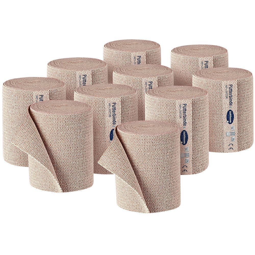 Dix rouleaux de Pütterbinde. Bandages élastiques beiges. Chaque rouleau porte Pütterbinde. Fabricant : Hartmann. Marquage CE.