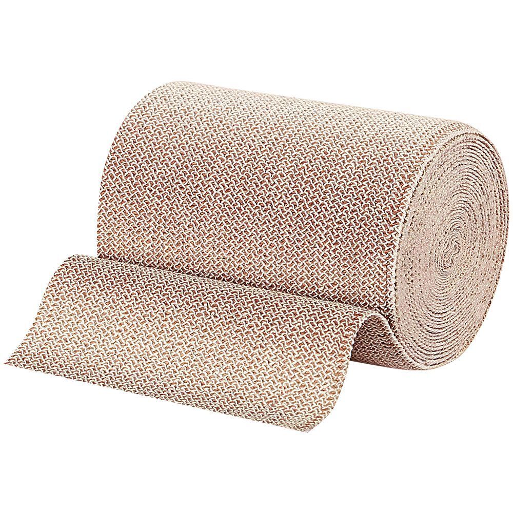 Rouleau de Pütterbinde, beige. Matière élastique. Partiellement déroulé. Structure tissée. Fabricant : Hartmann.