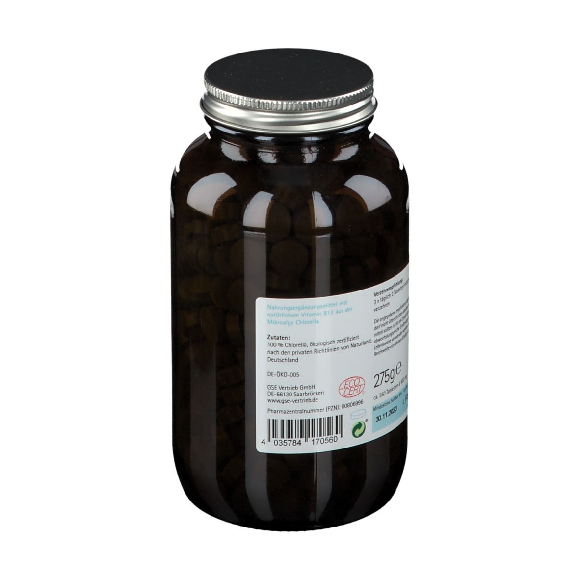Flacon en verre brun avec comprimés noirs. Dos avec informations et indication 275g. Bouchon noir.