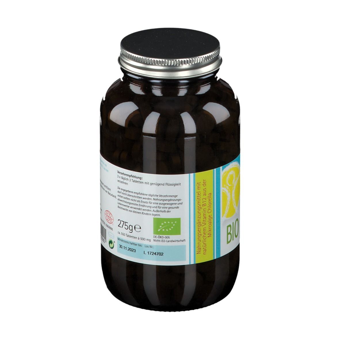Flacon en verre brun avec comprimés noirs. Dos avec informations, 275g et label bio. Bouchon noir.