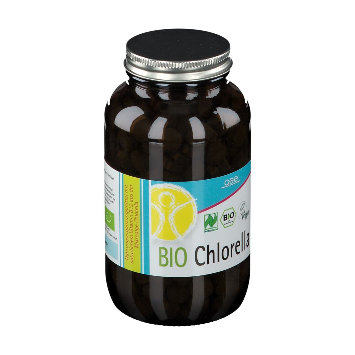Flacon en verre brun avec comprimés noirs. Étiquette "BIO Chlorella", label bio et vegan. Bouchon noir.