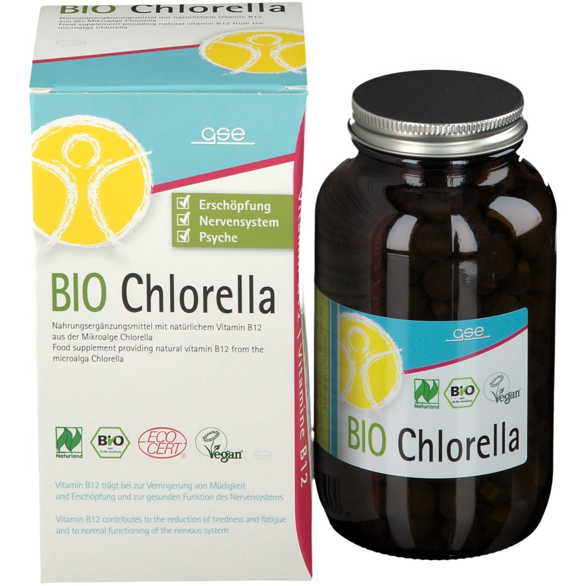 Emballage "BIO Chlorella" et vitamine B12. Label bio, logo vegan et certification ECO-CERT.