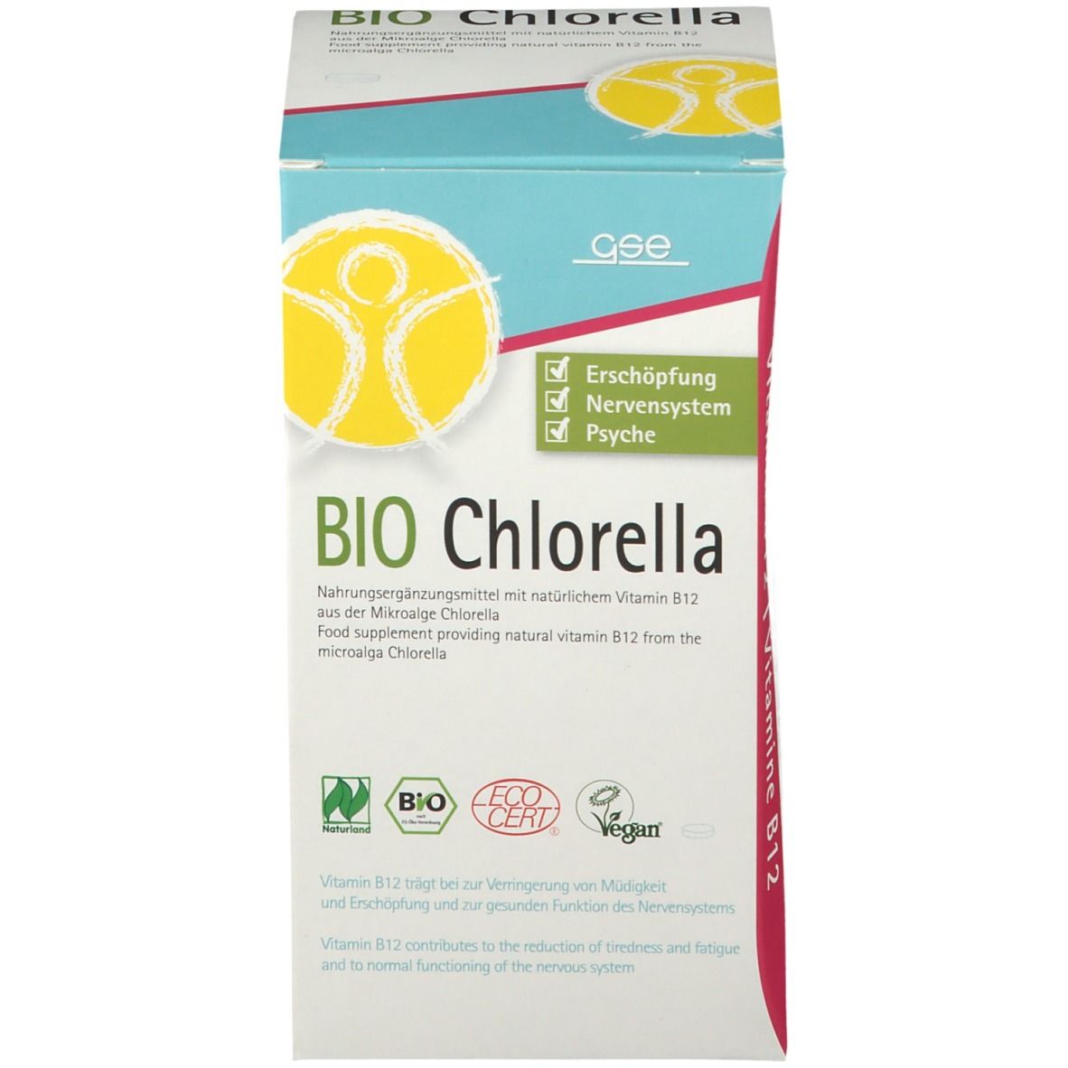 Emballage "BIO Chlorella" et vitamine B12. Label bio, logo vegan et certification ECO-CERT.