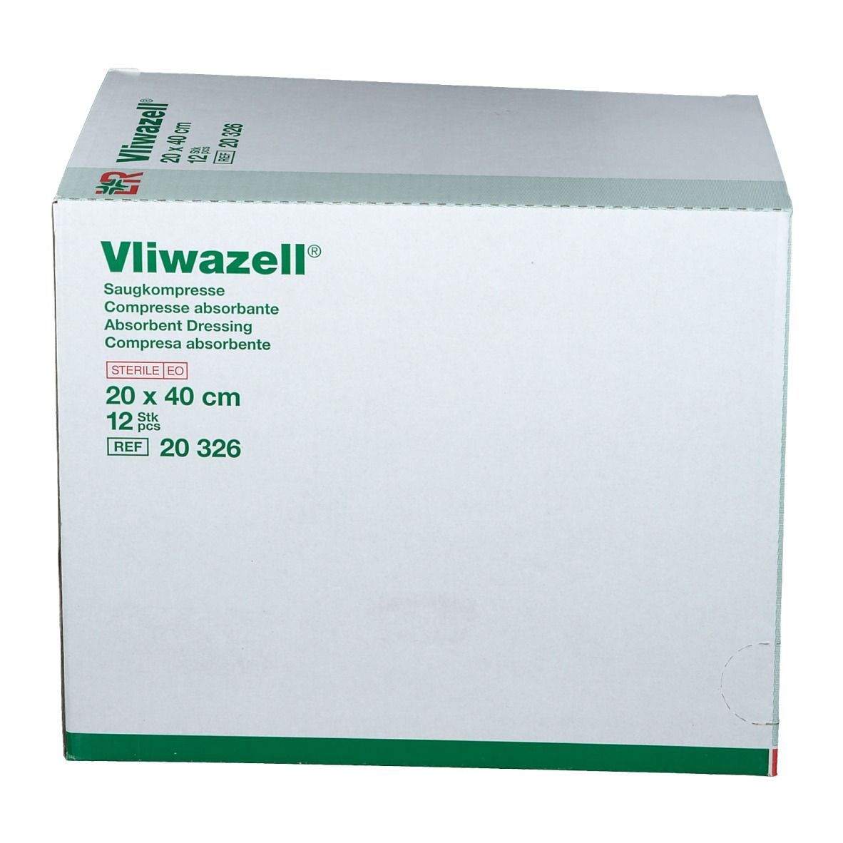 Boîte de compresses absorbantes Vliwazell. Dimensions 20 x 40 cm, stériles. 12 pièces. Réf. 20 326.