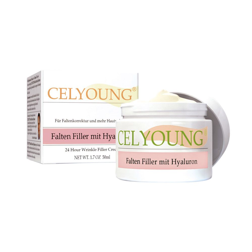 Pot de crème et emballage. Inscription : CELYOUNG, Falten Filler mit Hyaluron. 24 Hour Wrinkle Filler Cream.