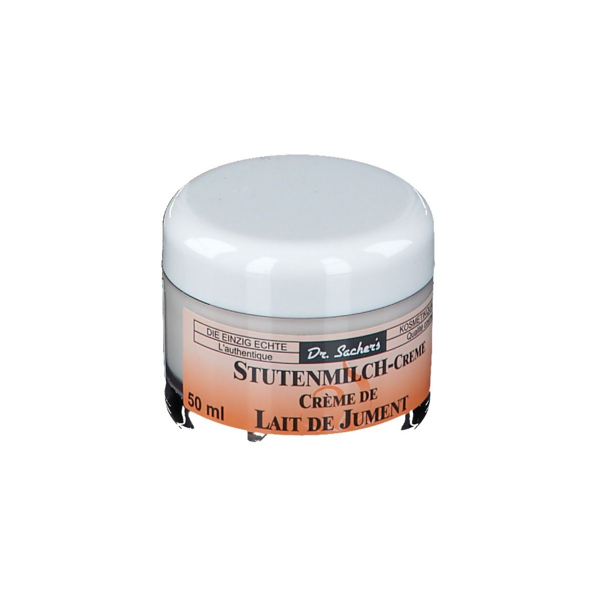 Pot de crème avec couvercle blanc. Inscription: Dr. Sacher's Stutenmilch-Creme. Crème de Lait de Jument. 50 ml.