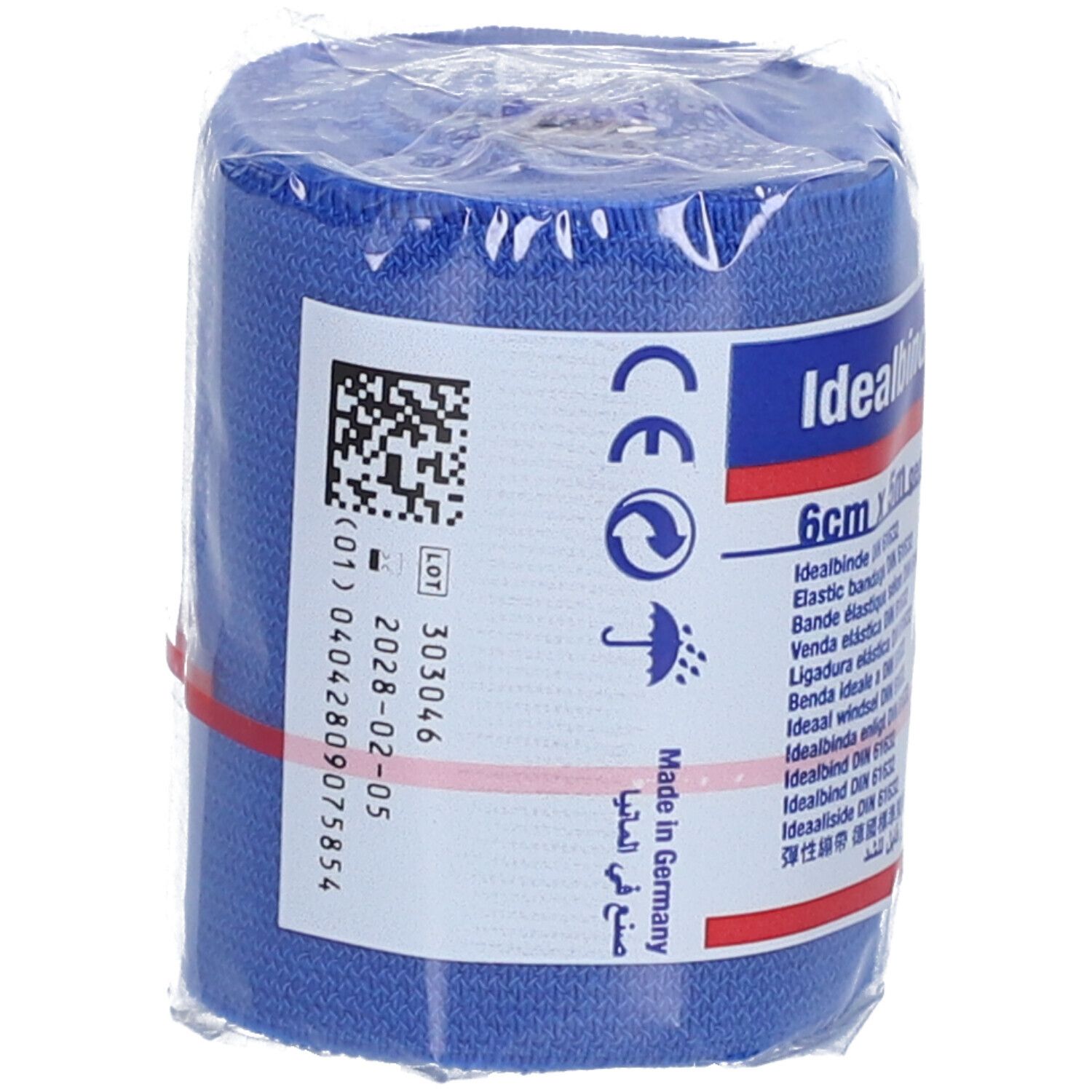 Bandage bleu Idealbinde-BSN Color, 6cm x 5m, emballé en cellophane. Avec marquage CE et numéro de lot.