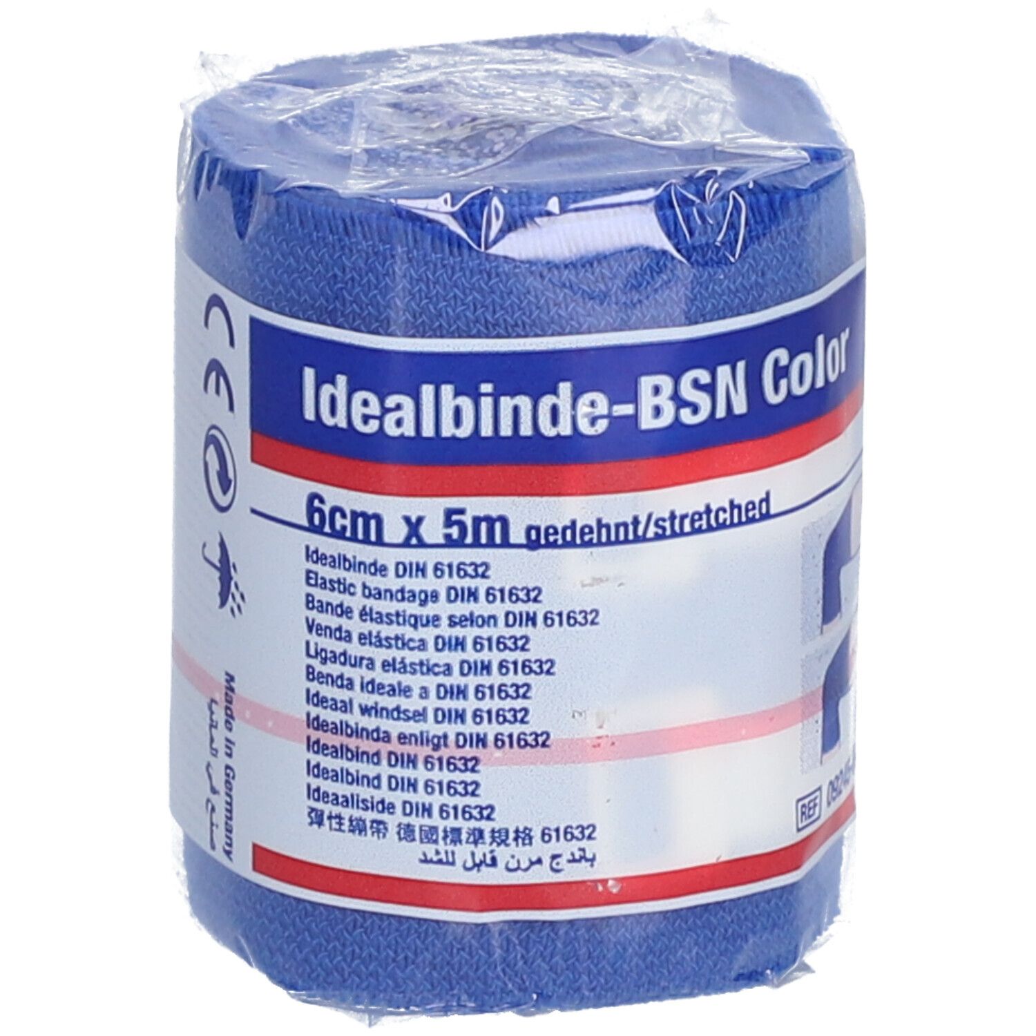 Bandage bleu Idealbinde-BSN Color, 6cm x 5m, emballé en cellophane. Inscription: DIN 61632.