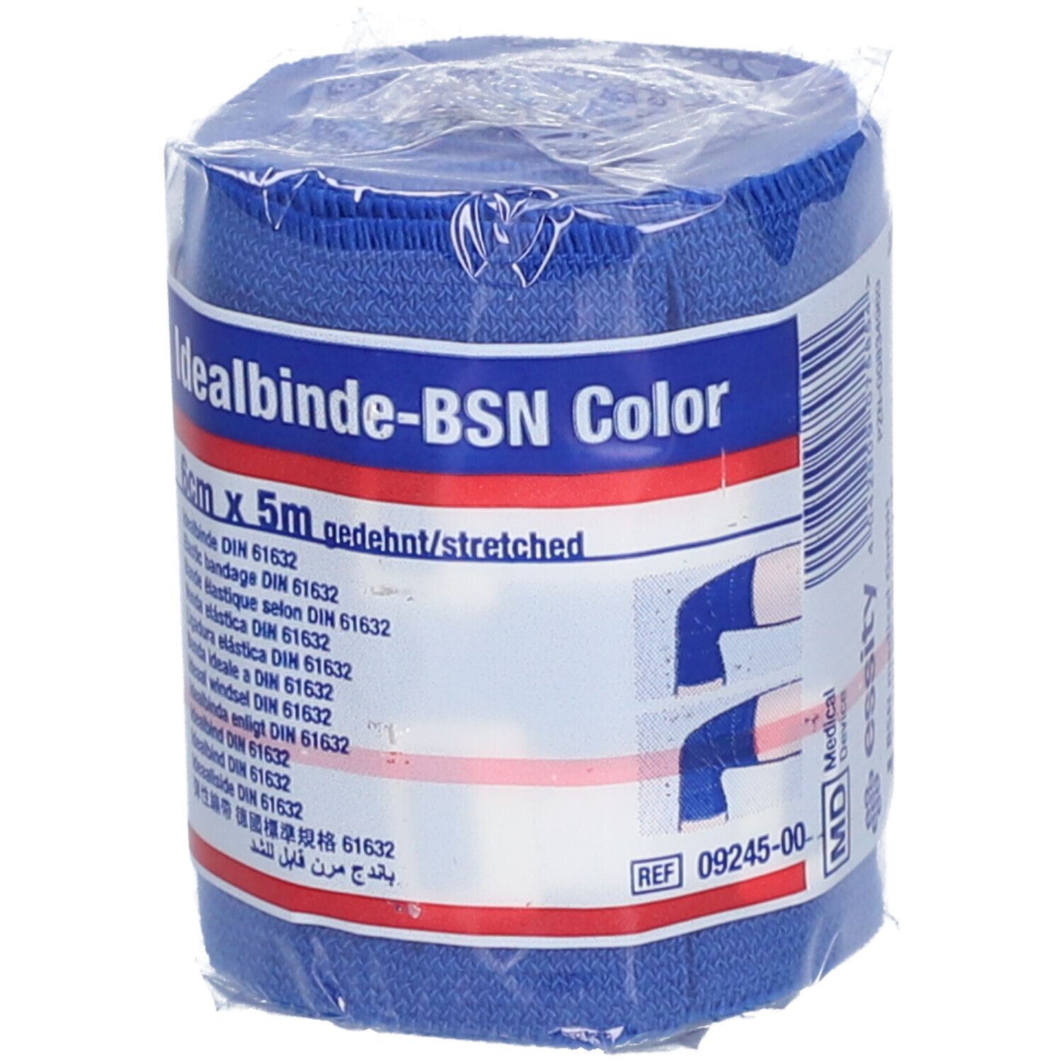 Bandage bleu Idealbinde-BSN Color, 6cm x 5m, emballé en cellophane. Avec illustrations et numéro REF.