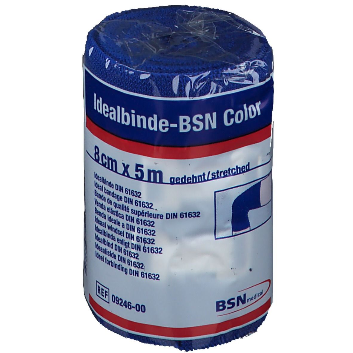 Bandage Idealbinde-BSN Color bleue, 8cm x 5m, emballée. Inscriptions: nom du produit, taille, norme DIN, numéro REF.