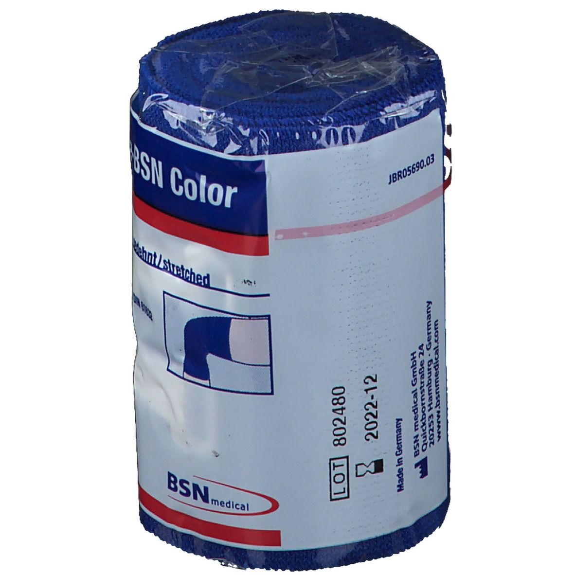 Bandage bleue enroulée. Inscriptions: BSN Color, numéro de lot, date de fabrication, adresse du fabricant, marquage CE.