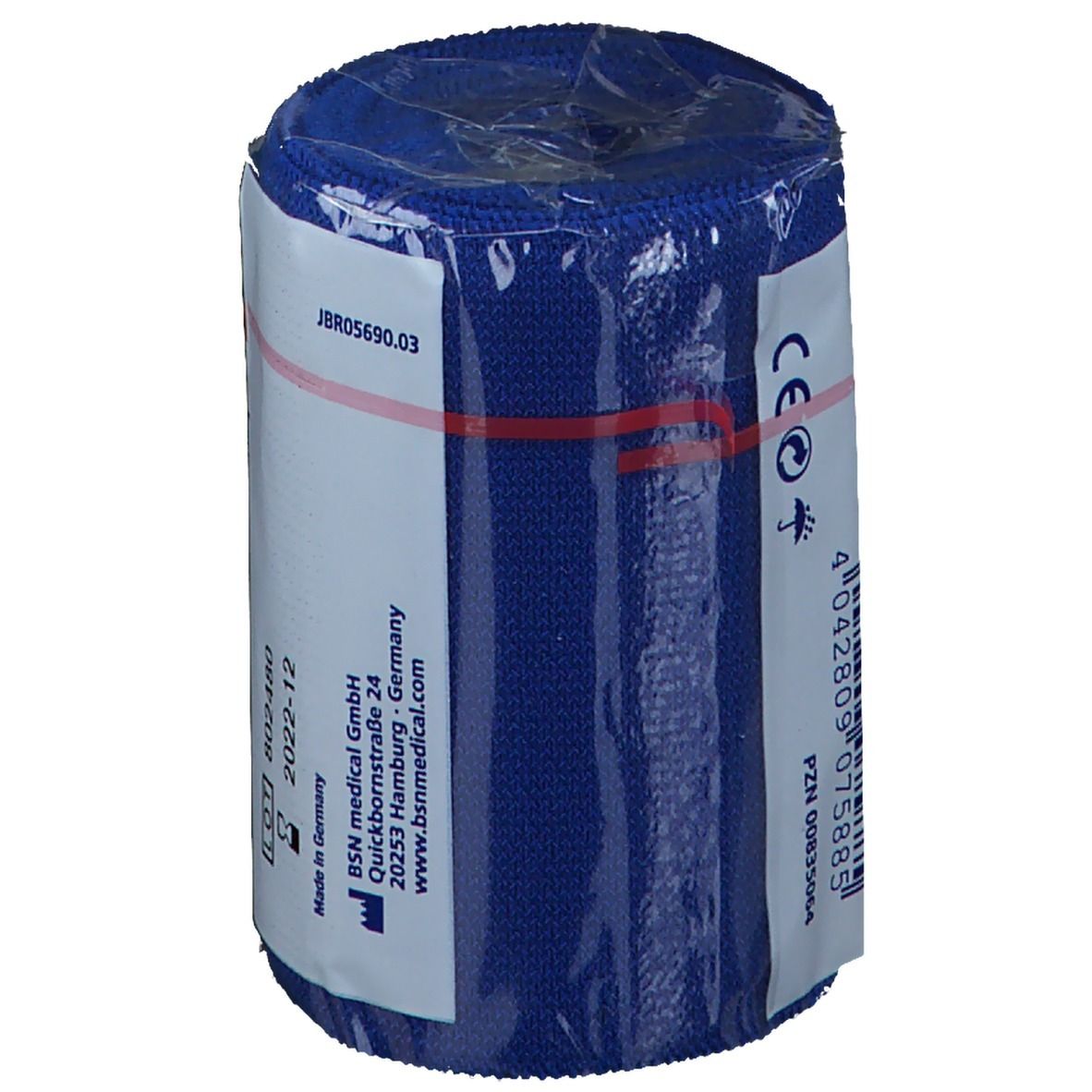 Bandage bleue enroulée. Inscriptions: BSN Color, numéro de lot, date de fabrication, adresse du fabricant, marquage CE.