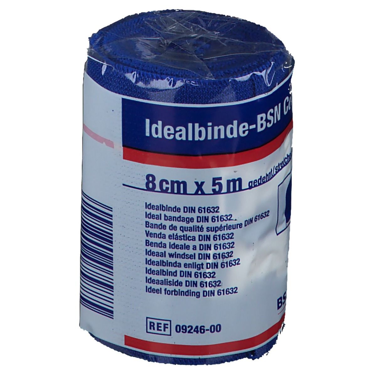 Bandage Idealbinde-BSN Color bleue, 8cm x 5m, emballée. Inscriptions: nom du produit, taille, norme DIN, numéro REF.