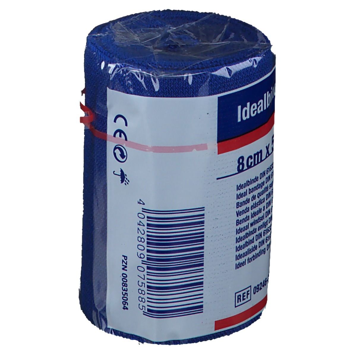 Bandage bleue enroulée. Inscriptions: BSN Color, taille, norme DIN, numéro REF, marquage CE, numéro PZN.