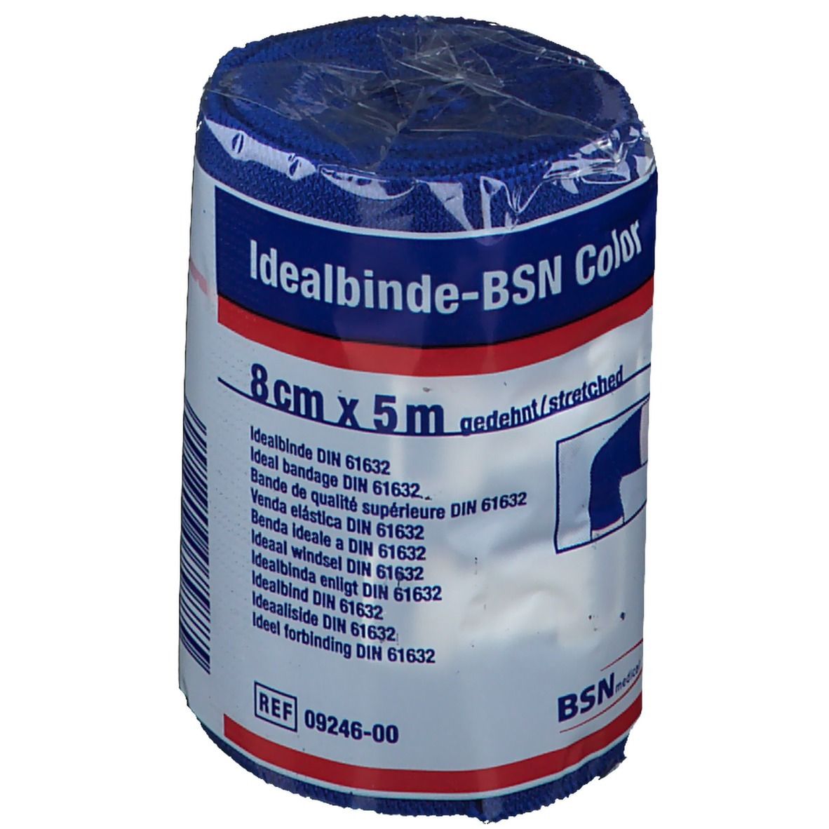 Bandage Idealbinde-BSN Color bleue, 8cm x 5m, emballée. Inscriptions: nom du produit, taille, norme DIN, numéro REF.