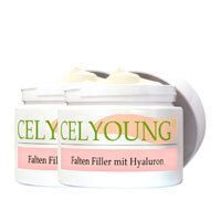 Deux pots de crème ouverts. Inscription: CELYOUNG Falten Filler mit Hyaluron.