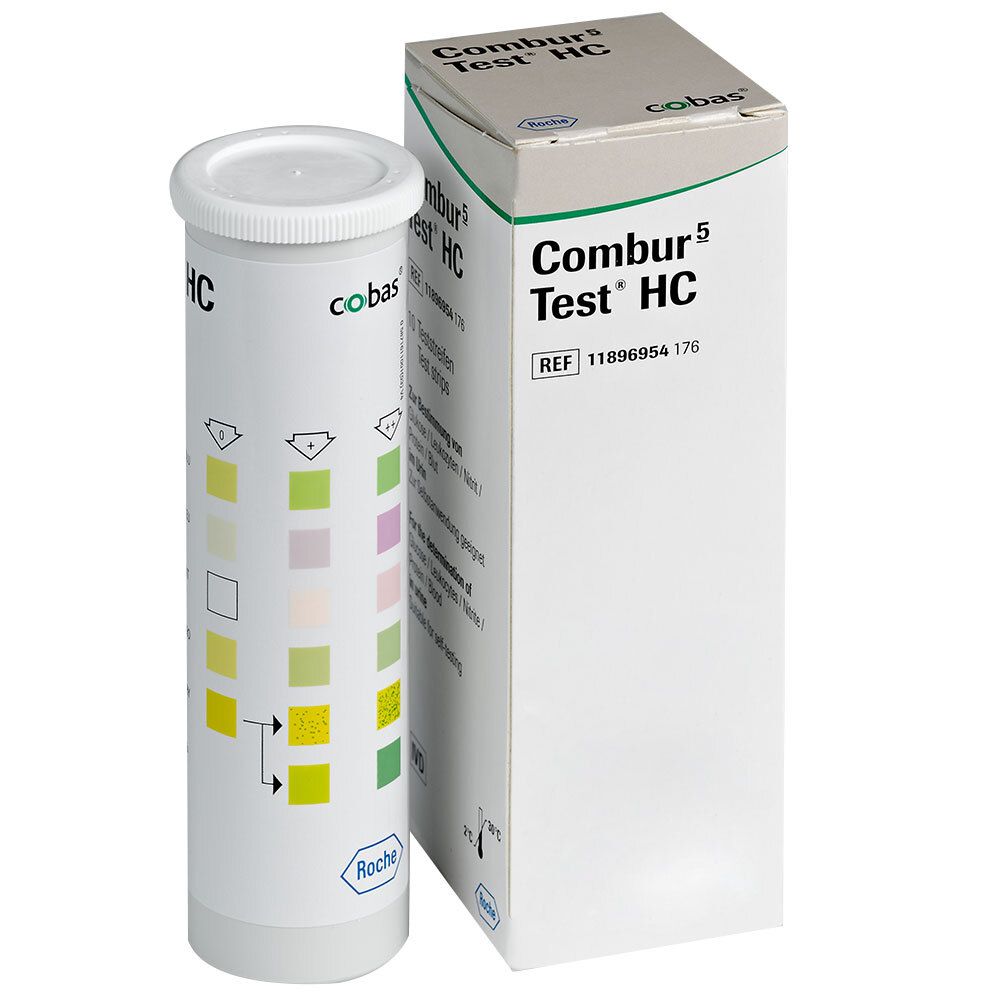 Bandes réactives Roche Combur 5 Test® HC dans un tube avec des carrés de couleur et une boîte de produit à côté.