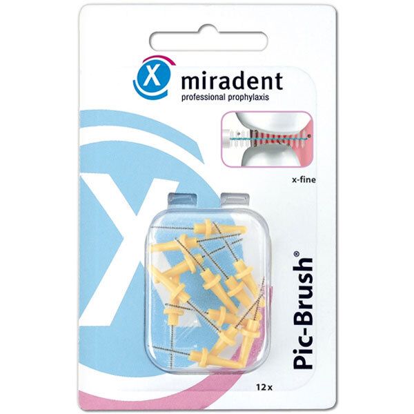 Emballage de brossettes interdentaires jaunes. Marque : miradent Pic-Brush, x-fine. 12 pièces dans un emballage plastique transparent.
