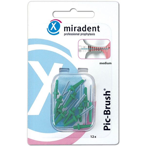 Paquet de brossettes interdentaires vertes. Marque miradent, Pic-Brush. Medium, 2,2 mm. 12 pièces. Emballage plastique avec fenêtre.