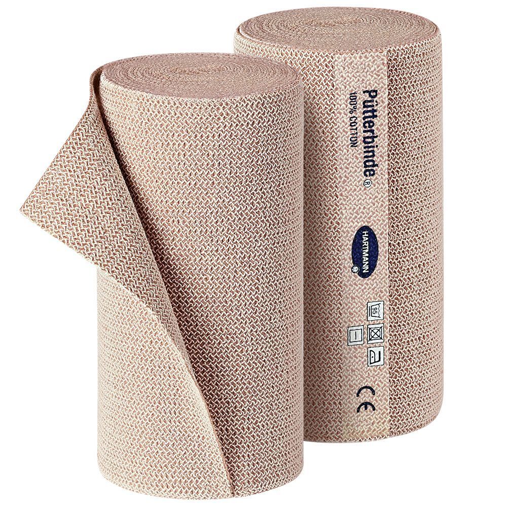 Deux bandages Hartmann Pütter-Verband® roulés. Couleur beige, texture visible. Le nom de la marque est imprimé sur un bandage.