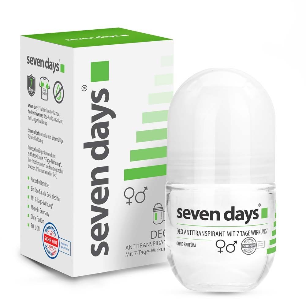 Roll-on déodorant et emballage seven days®. Flacon roll-on blanc et emballage vert avec logo.
