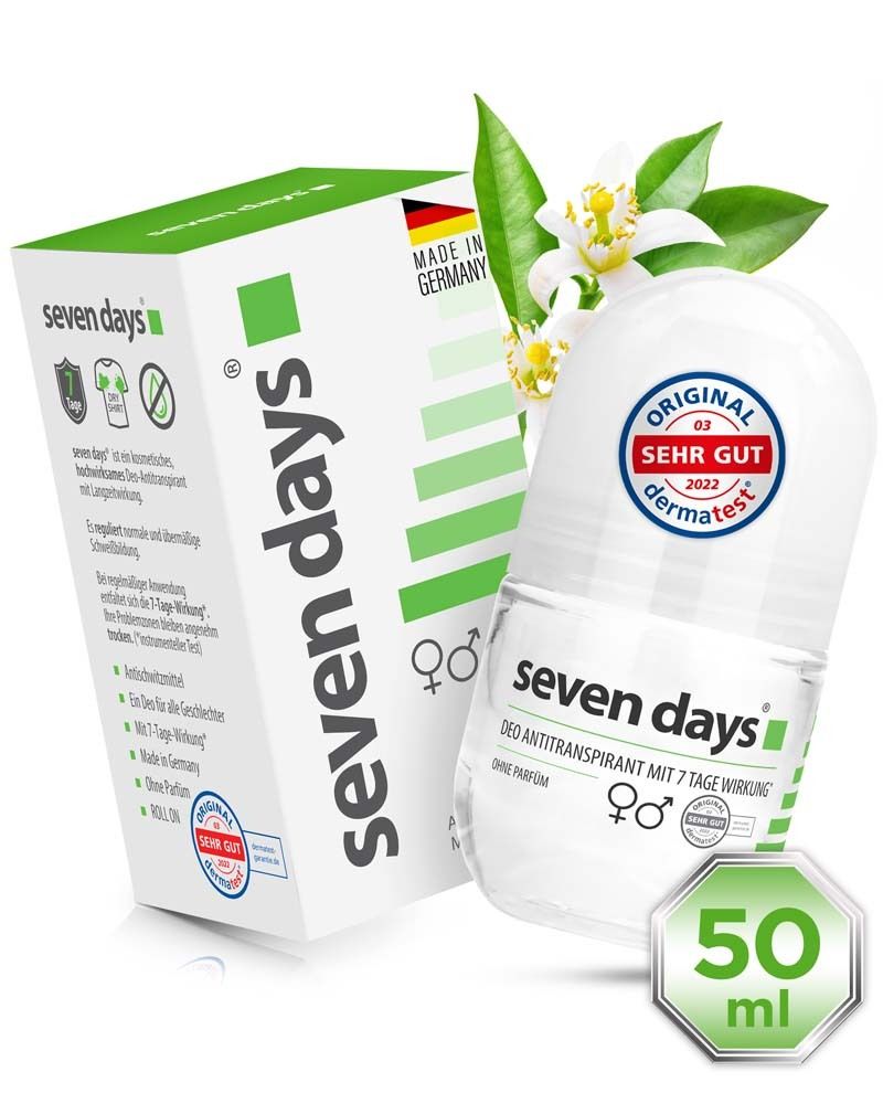 Roll-on déodorant et emballage seven days®. Flacon roll-on blanc, emballage vert. Sceau Dermatest.