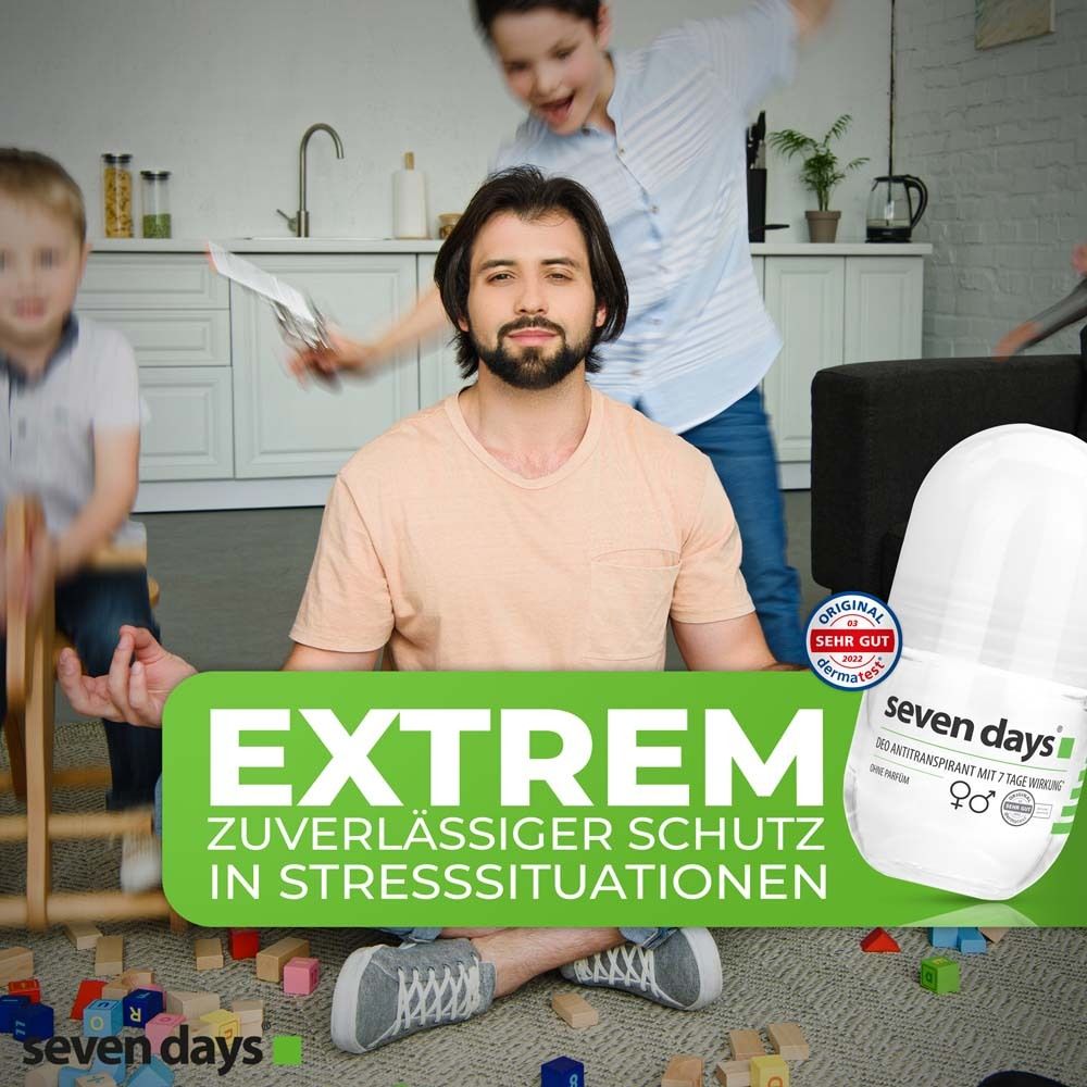 Homme assis au milieu d'enfants qui jouent. Roll-on seven days®. Texte : Protection extrêmement fiable dans les situations de stress.