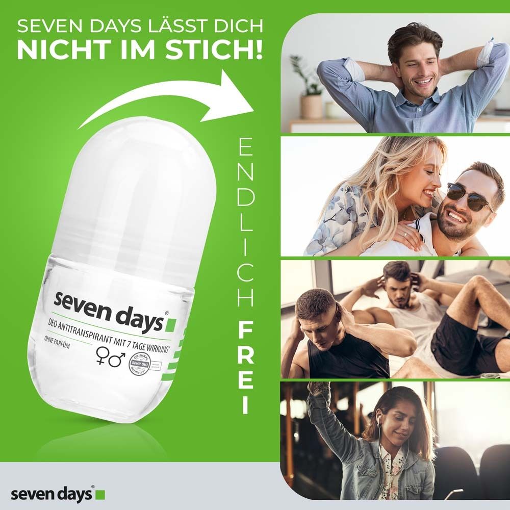 Roll-on seven days®. Images de couples, d'athlètes et d'une femme. Texte : Enfin libre.