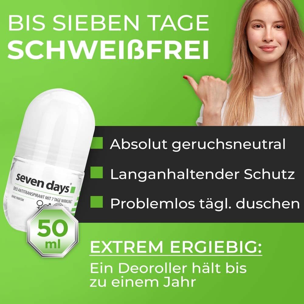 Roll-on seven days®. Texte : Jusqu'à sept jours sans sueur. 50 ml. Texte : Extrêmement économique : un roll-on dure jusqu'à un an.