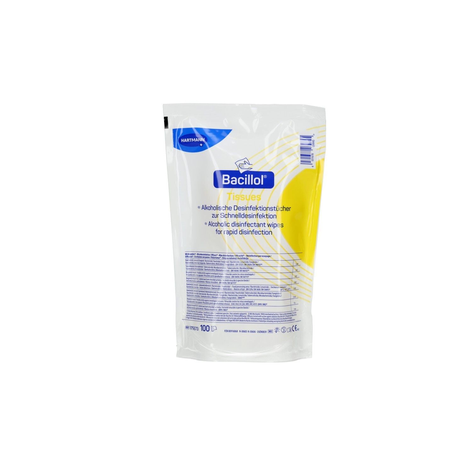 Recharge de lingettes Bacillol®. Emballage bleu et jaune avec nom du produit et informations.