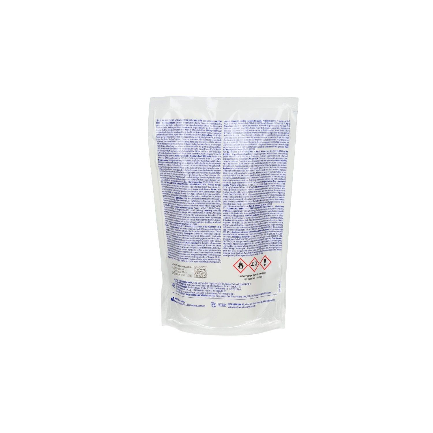 Dos de la recharge de lingettes Bacillol®. Texte, avertissements et symboles de danger sur fond blanc.