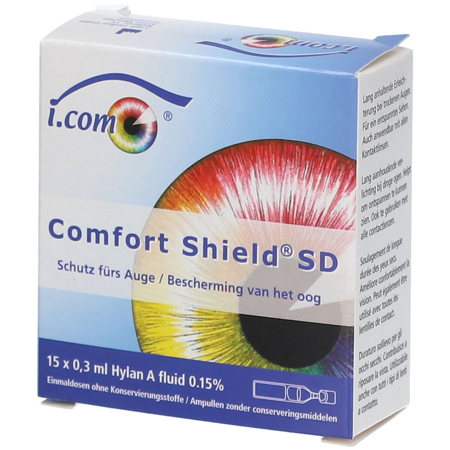 Boîte i.com Comfort Shield® SD. Inscription: 15 x 0,3 ml Hylan A fluid 0,15%. Image d'un œil.