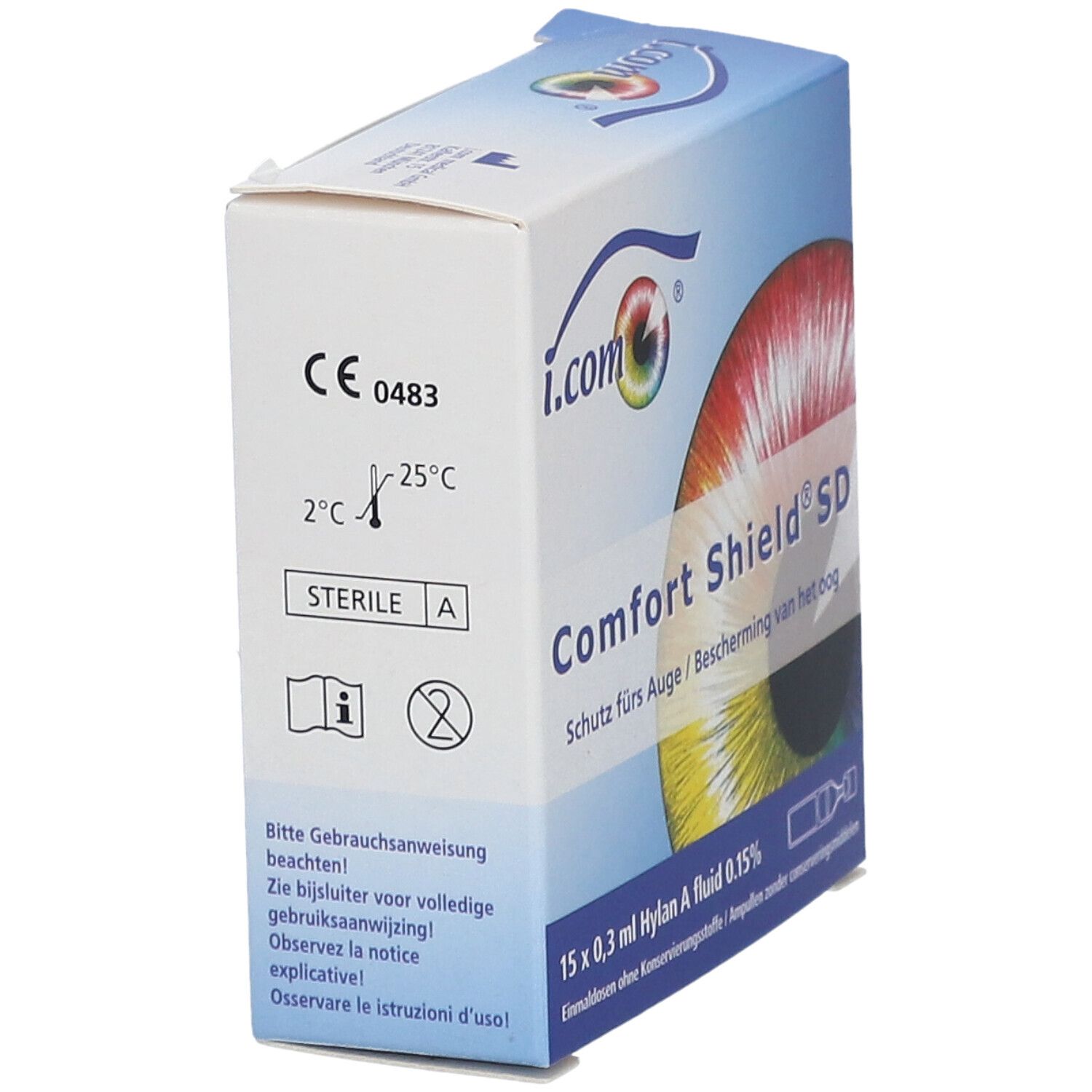 Vue latérale de la boîte i.com Comfort Shield® SD. Inscription: CE 0483, Stérile A. Texte en allemand et italien.