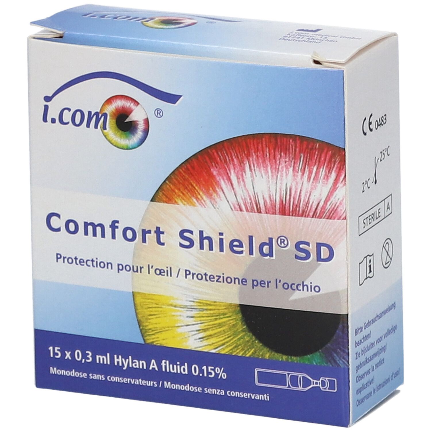 Boîte i.com Comfort Shield® SD. Inscription: 15 x 0,3 ml Hylan A fluid 0,15%. Texte en allemand, français et italien.