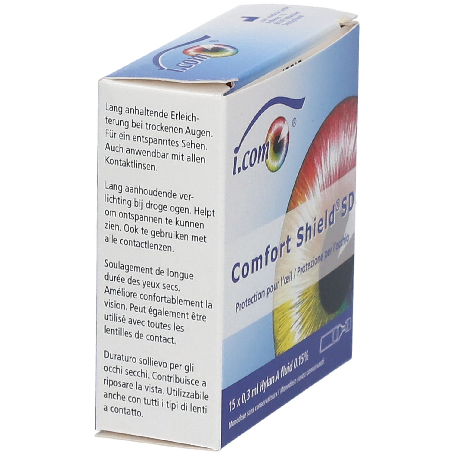 Boîte i.com Comfort Shield® SD. Texte en allemand, français, italien. Inscription: 15 x 0,3 ml Hylan A fluid 0,15%.