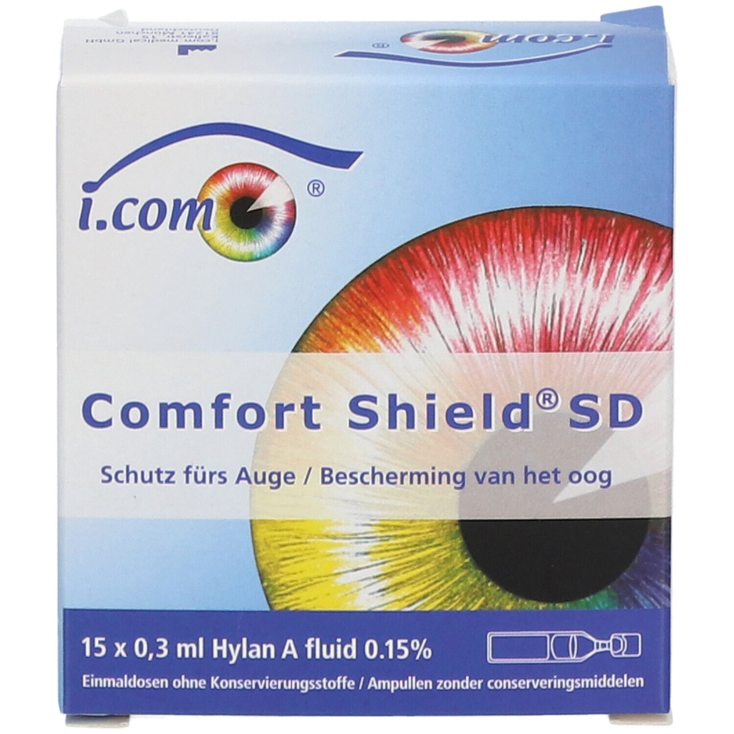 Boîte i.com Comfort Shield® SD. Inscription: 15 x 0,3 ml Hylan A fluid 0,15%. Image d'un œil.