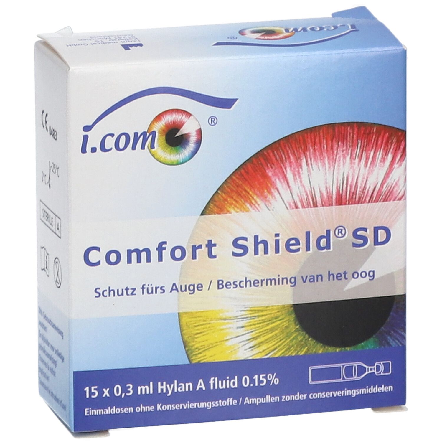 Boîte i.com Comfort Shield® SD. Inscription: 15 x 0,3 ml Hylan A fluid 0,15%. Image d'un œil.