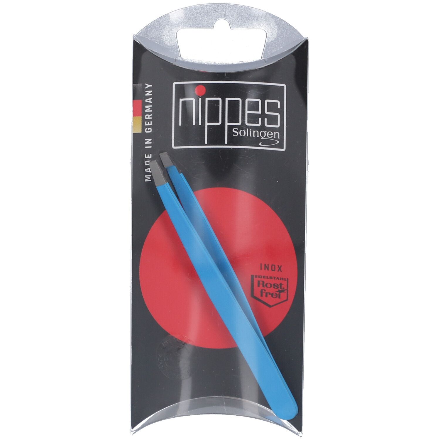 Pince à épiler bleue dans son emballage. Marque : nippes Solingen. Inox, forme droite.