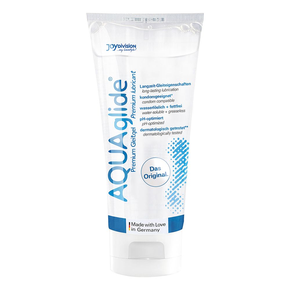 Tube de gel lubrifiant AQUAGLIDE Premium, transparent avec inscription bleue.
